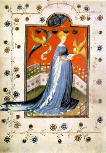 Attēlā 15. gs manuskripta ilustrācija - lasošā Jaunava Marija slēgtajā dārzā. 